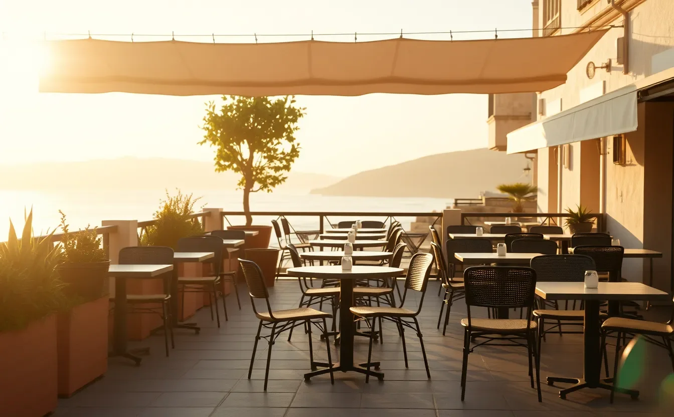 Terraza de una cafetería al atardecer